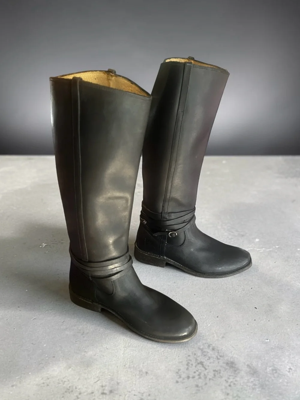 FRYE Black Leather Phillip Harness Wrap Tall Riding Boots Sz 7.5 B